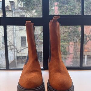 MAEVE MID-CALF PLATFORM BROWN SUEDE CHELSEA BOOTS